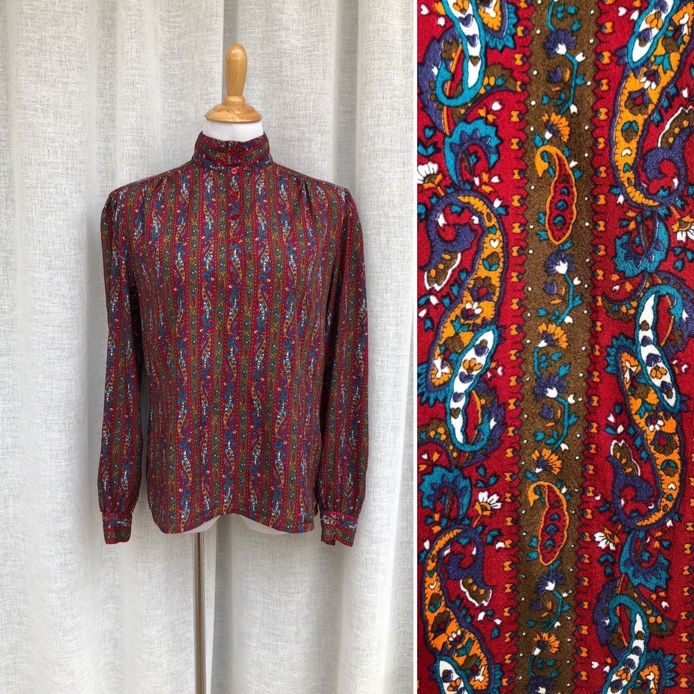 Beautiful 1980 colorful vertical stripe paisley pattern boho style blouse